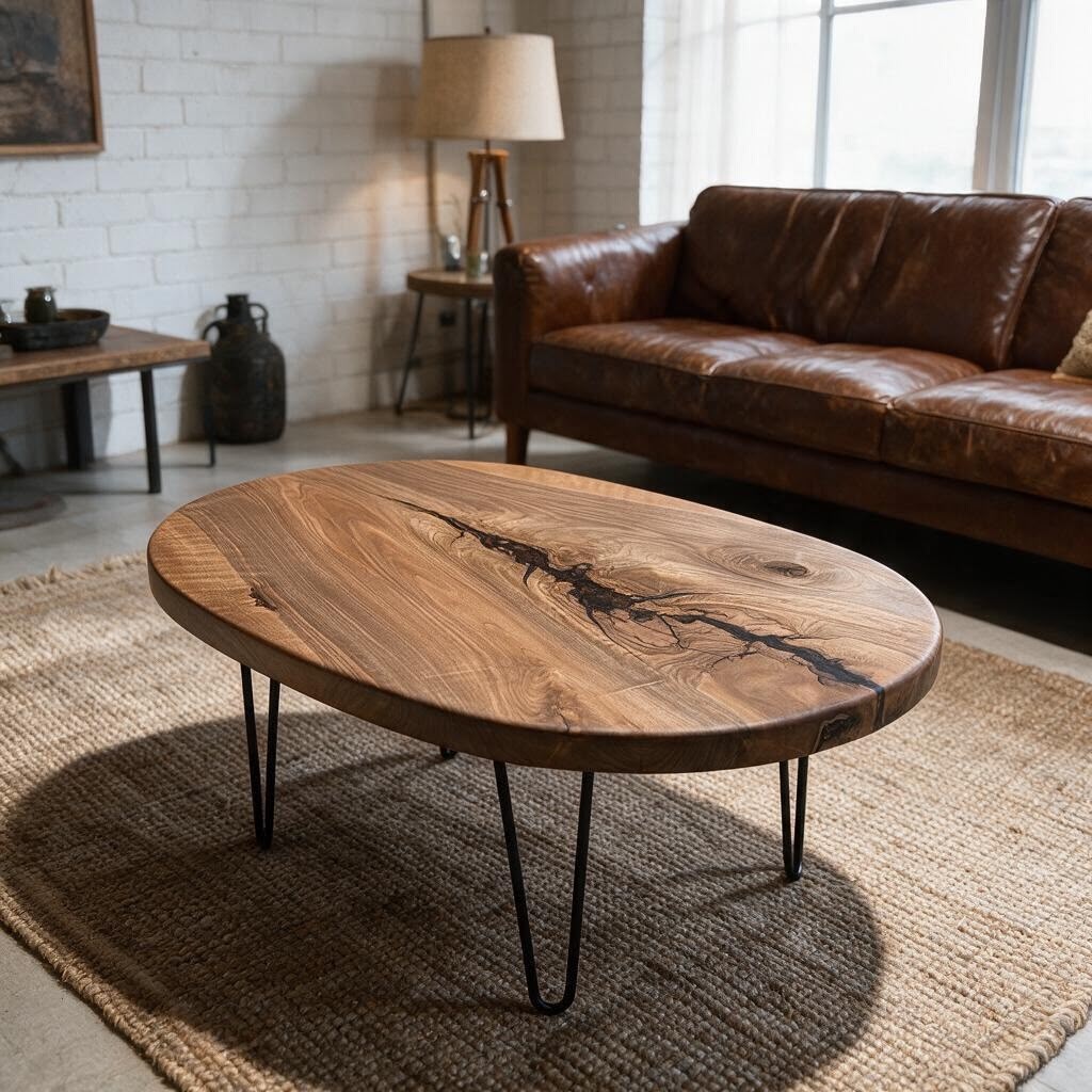Single Piece Organic Walnut Oval Coffee Table – Handcrafted Raw Wood Center Table